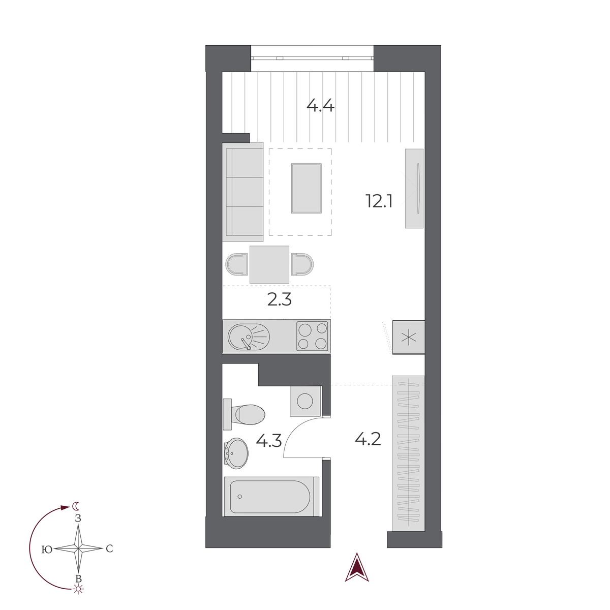 1 комната 27.3 м²