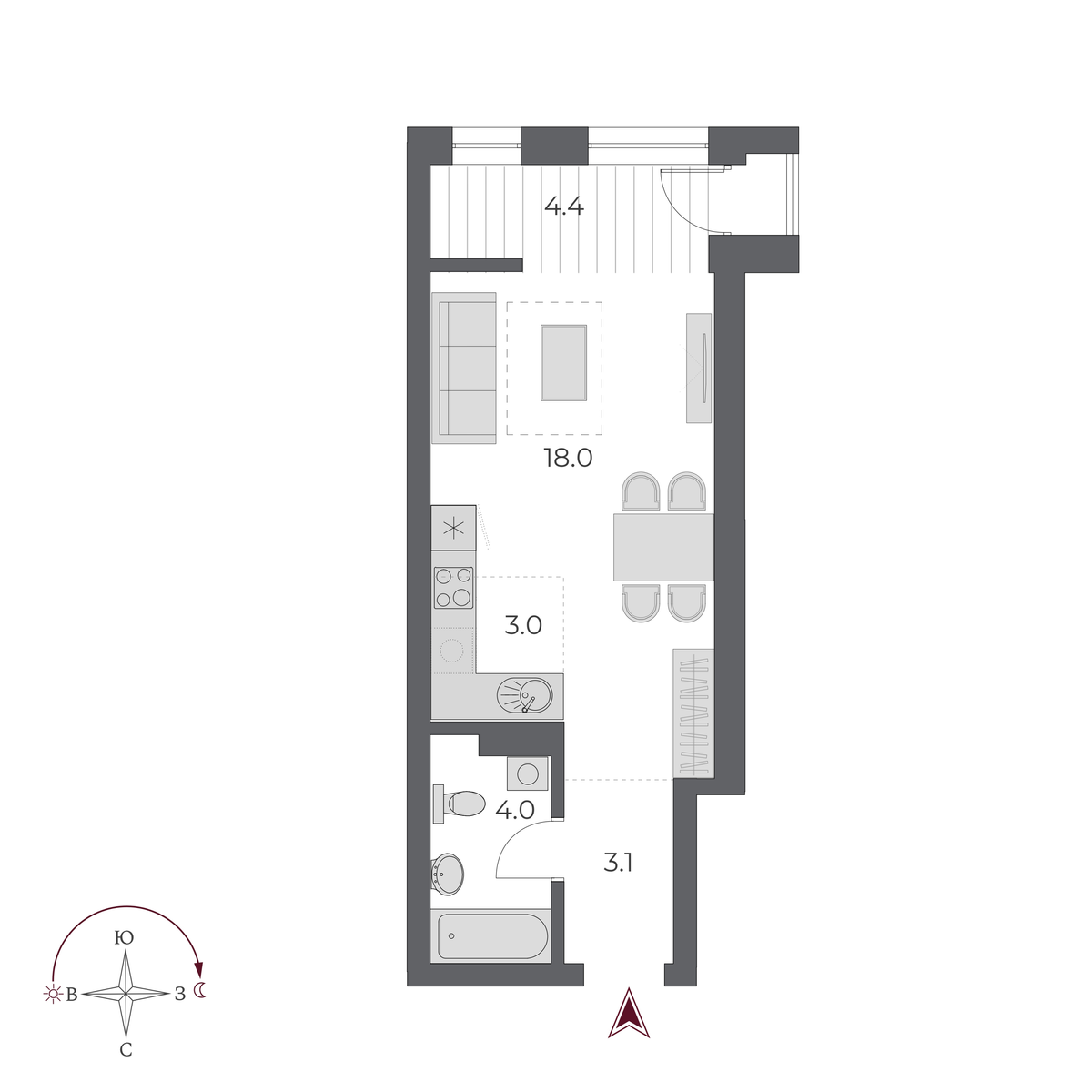 1 комната 32.5 м²