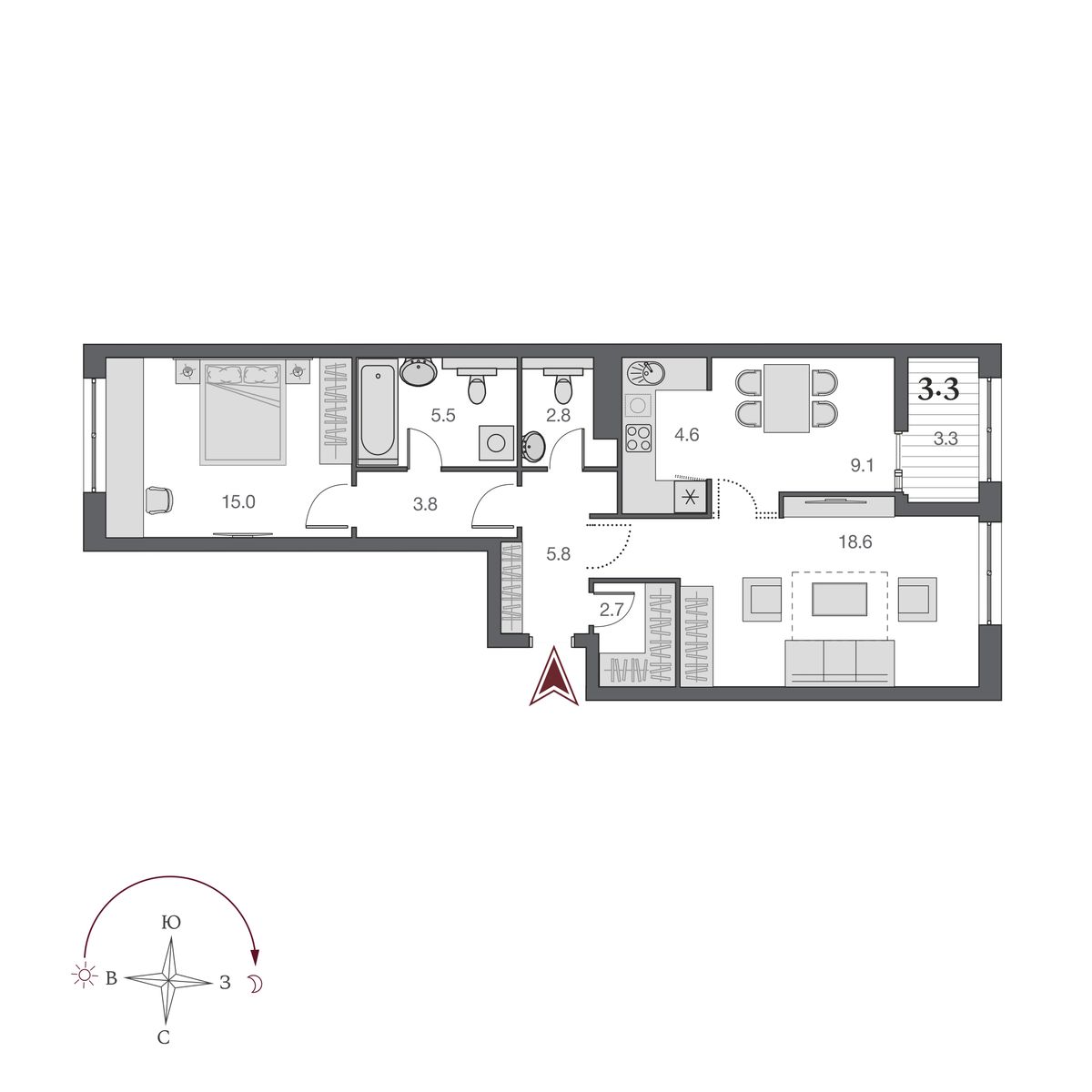 2 комнаты 67.7 м²