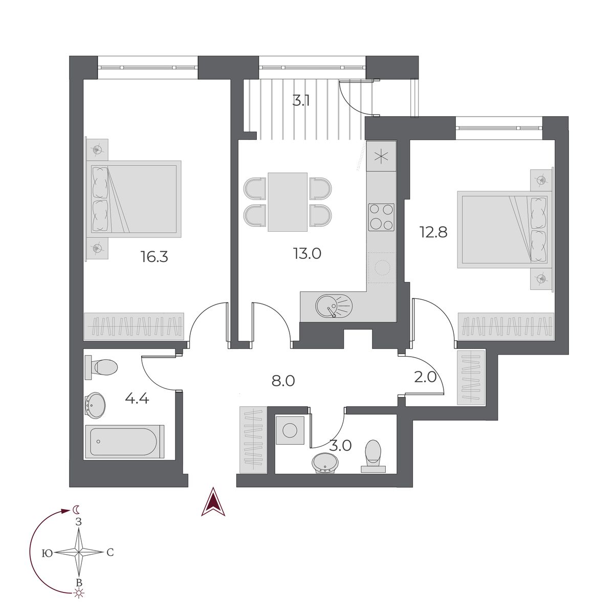 2 комнаты 62.4 м²