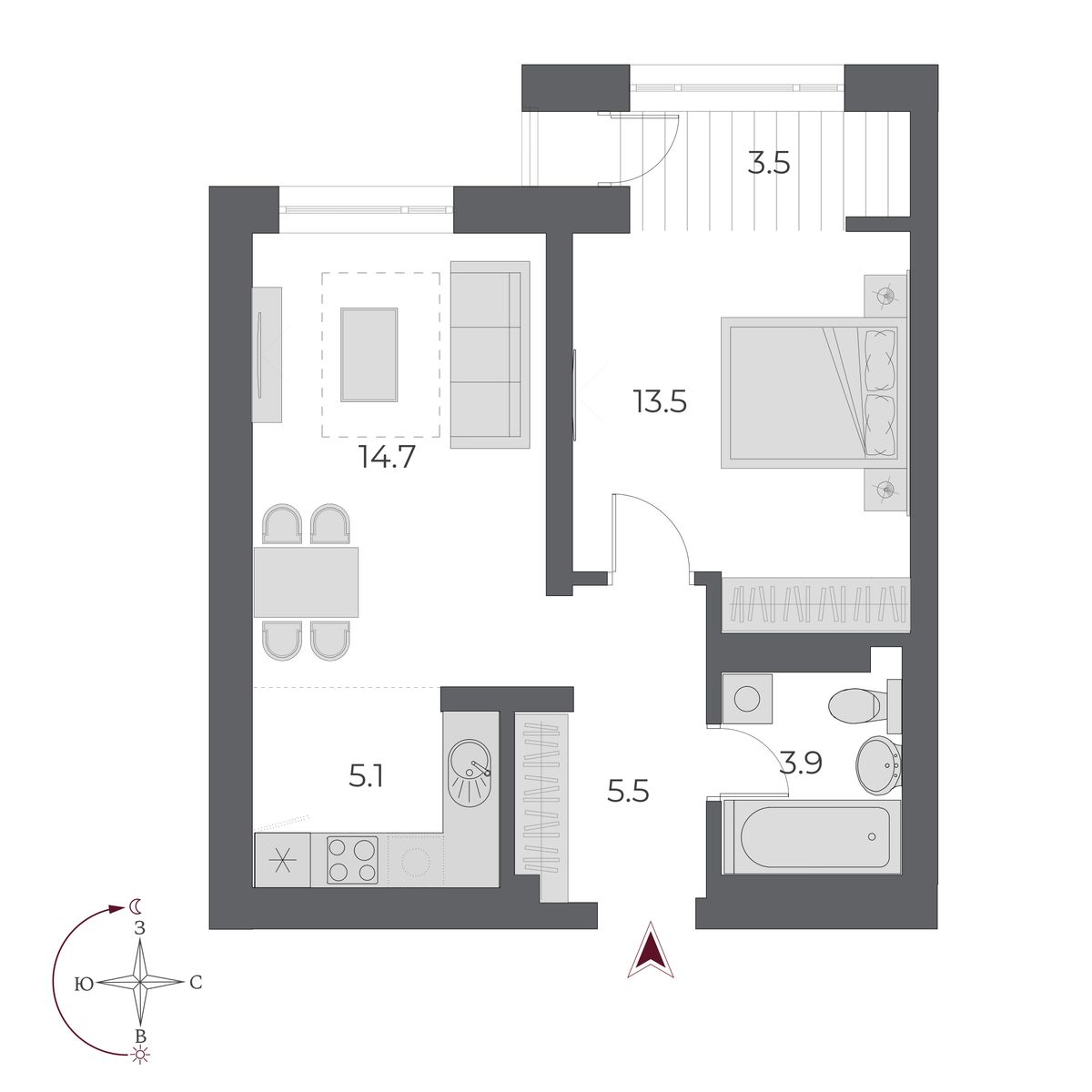 2 комнаты 46.2 м²