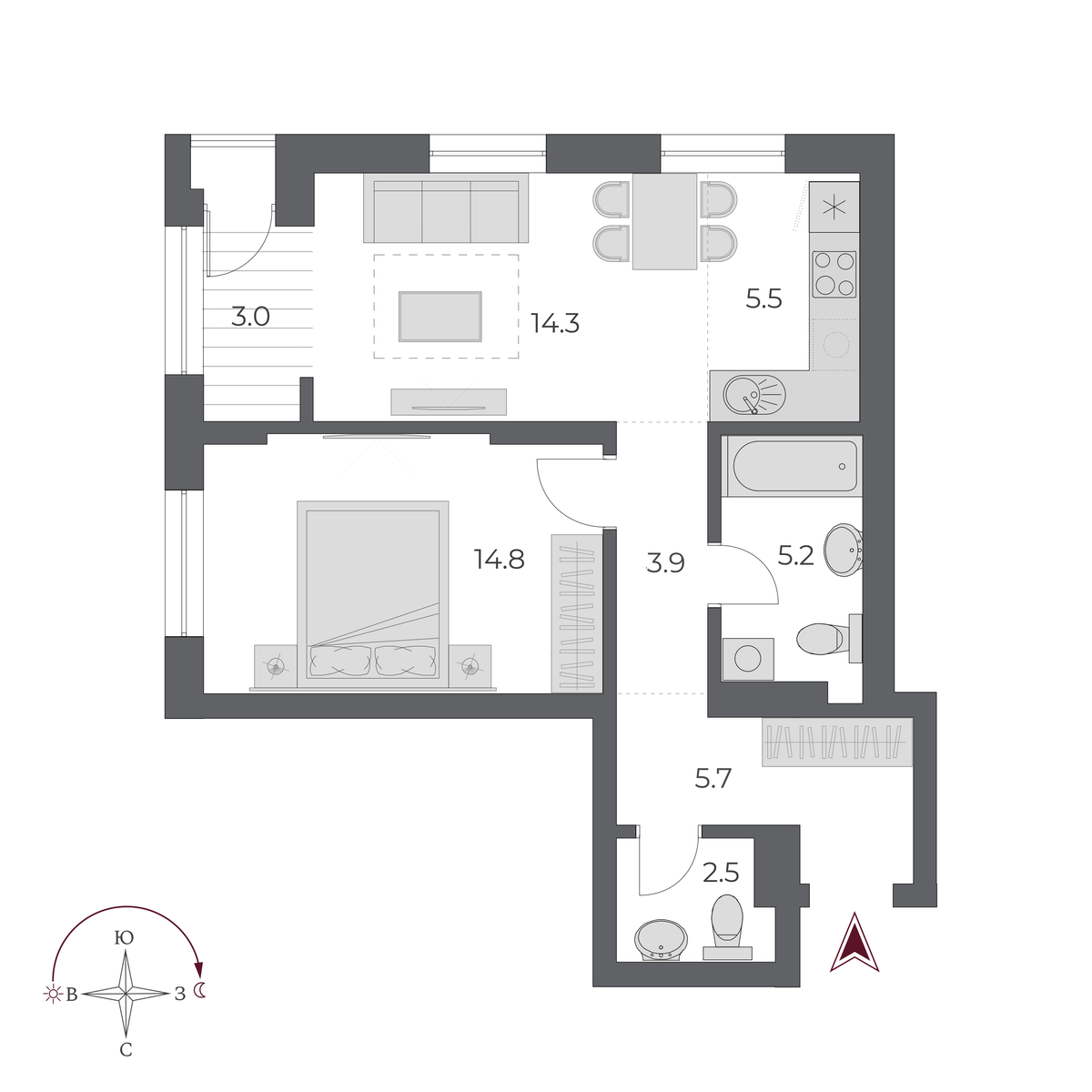 2 комнаты 54.9 м²