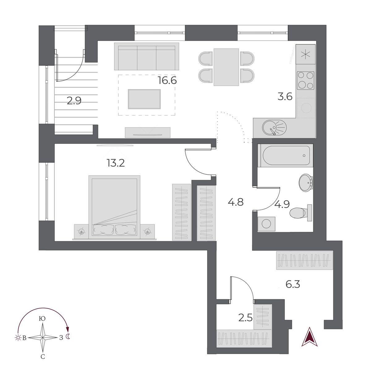 2 комнаты 54.7 м²