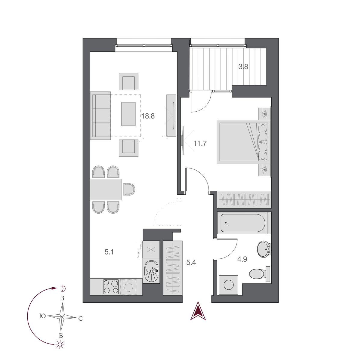 2 комнаты 45.9 м²