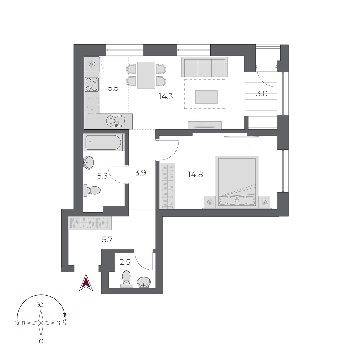 2 комнаты 55 м²