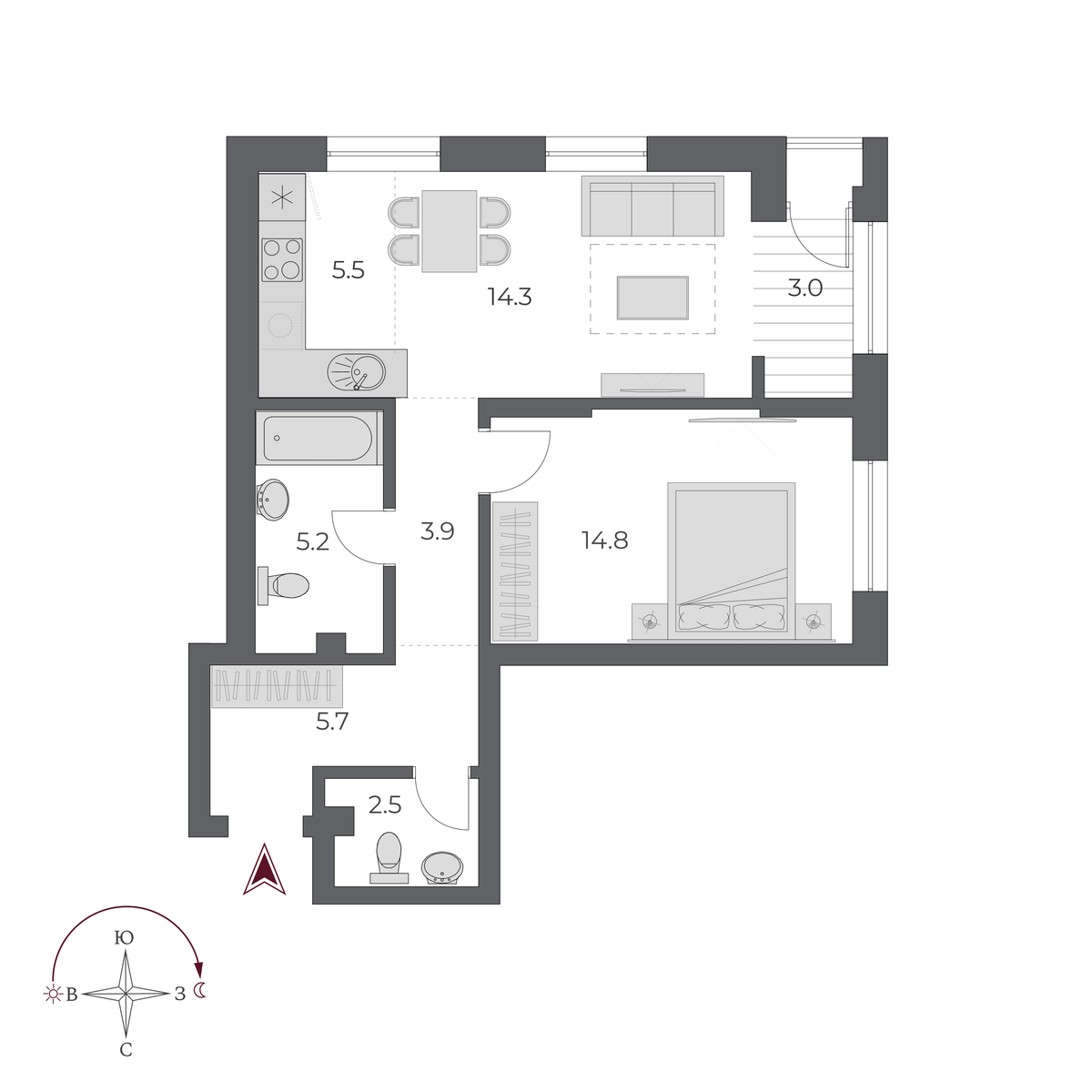 2 комнаты 54.9 м²