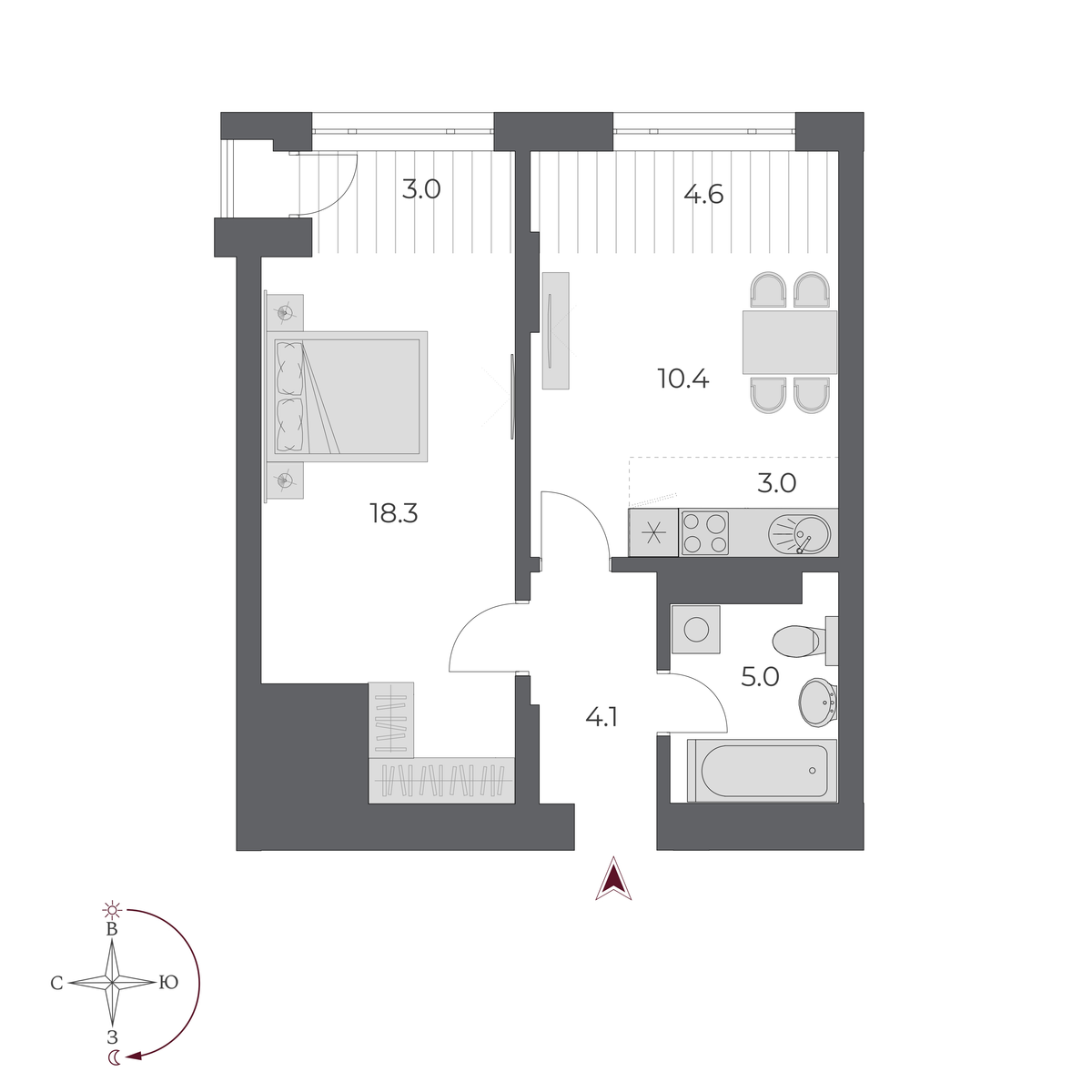 2 комнаты 48.4 м²