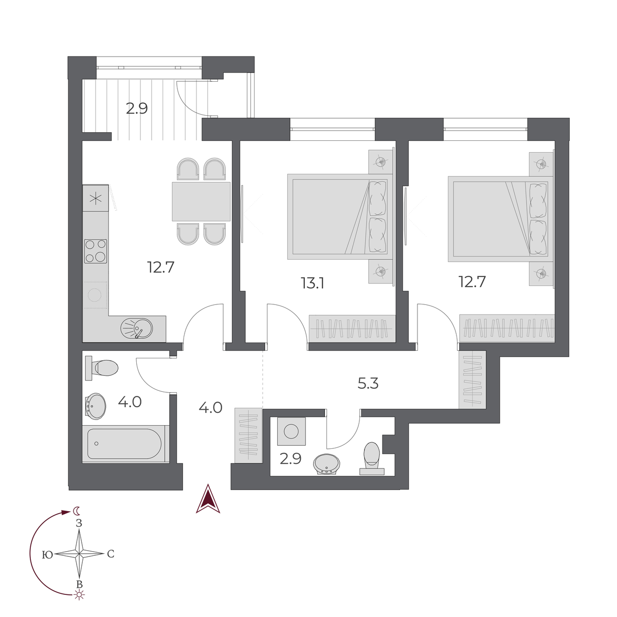 2 комнаты 57.6 м²