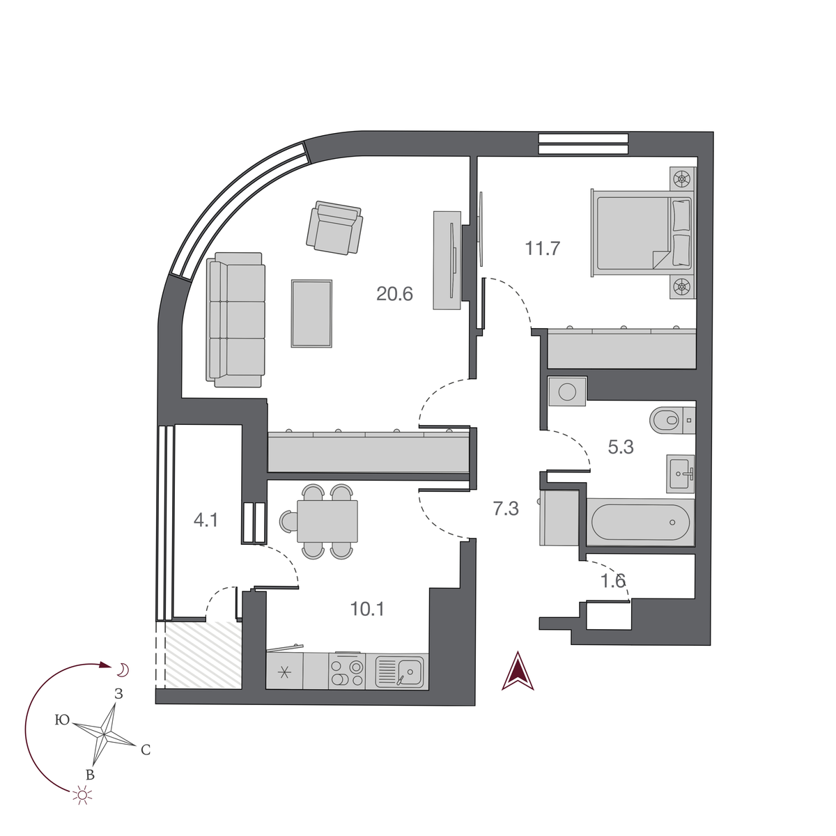 2 комнаты 56.6 м²