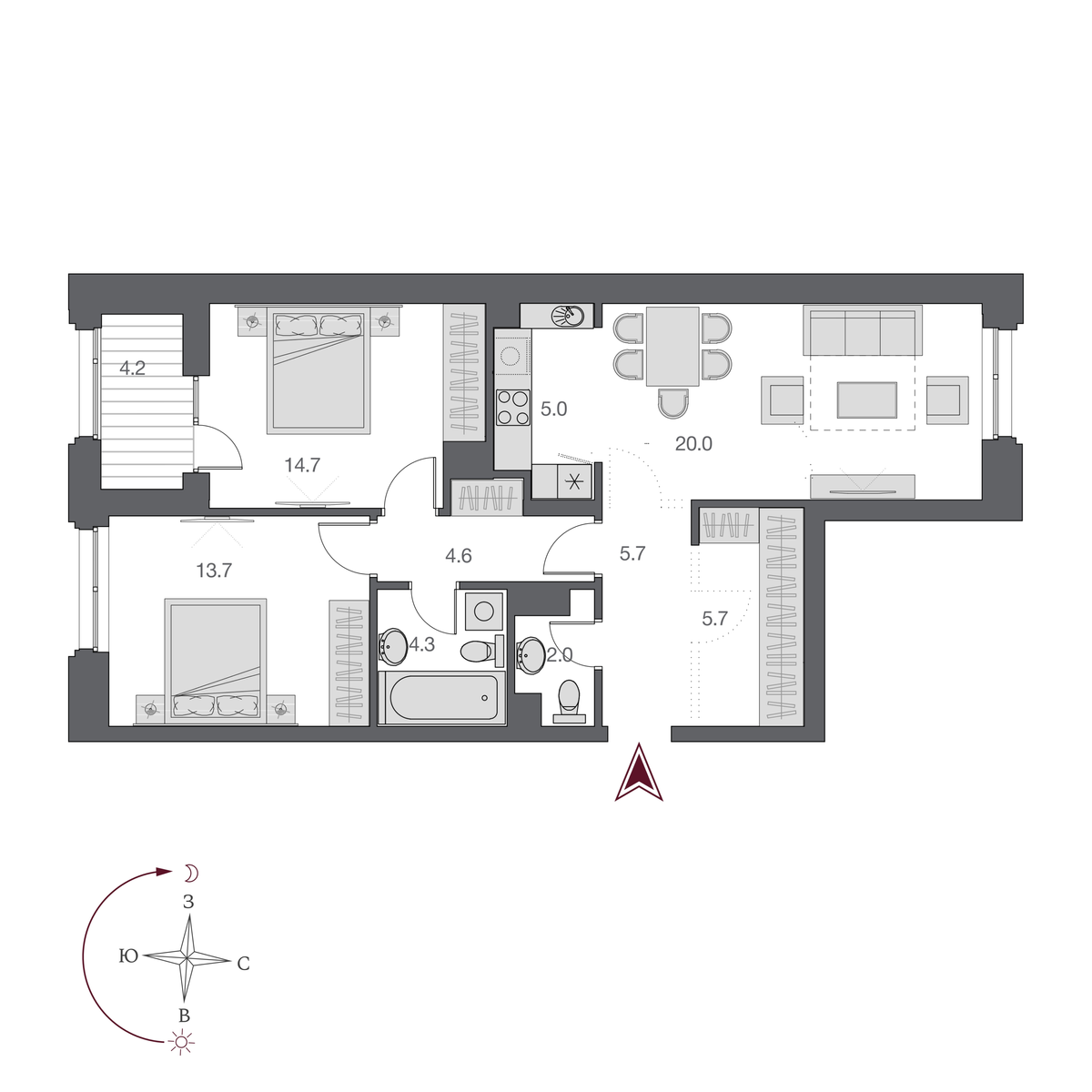 3 комнаты 75.7 м²