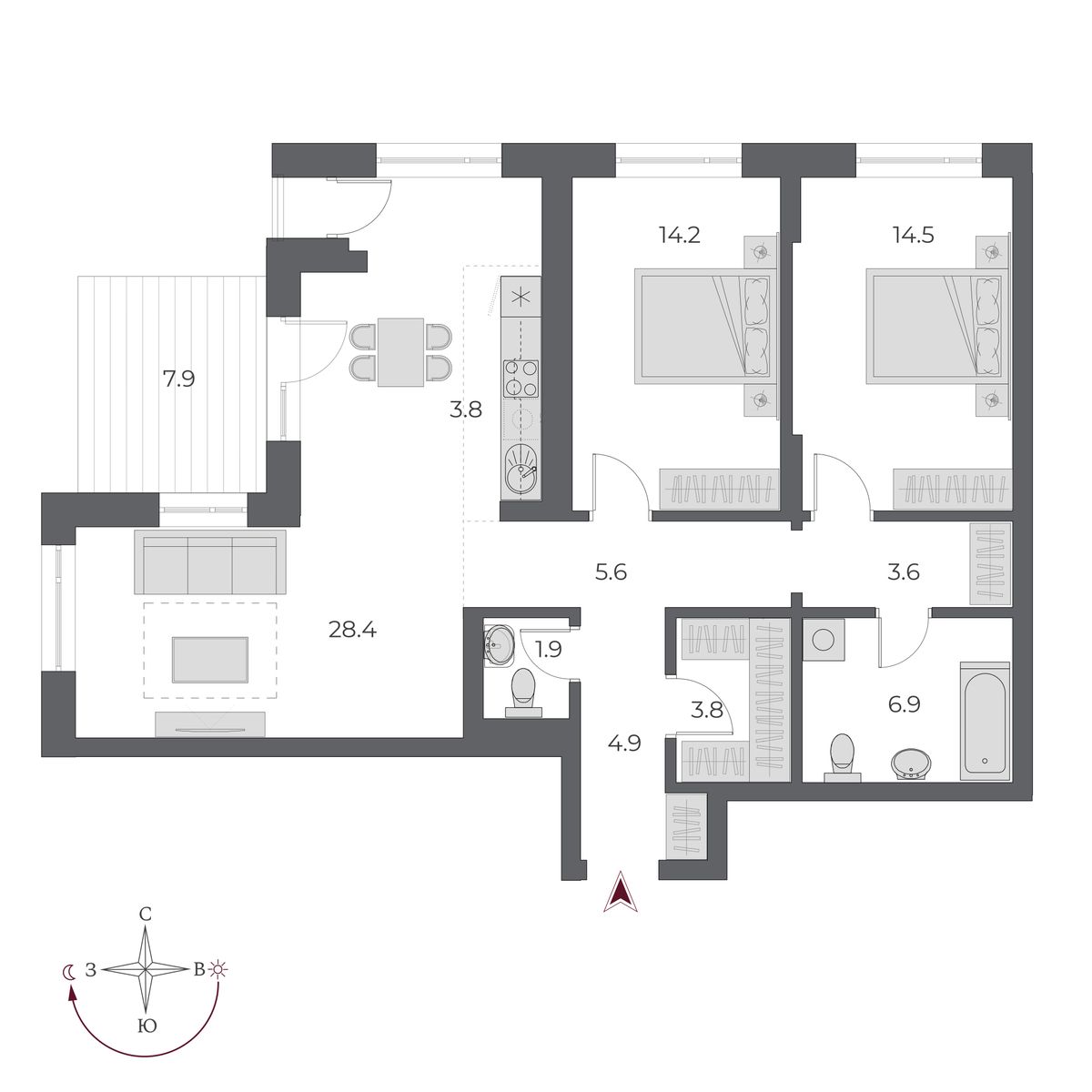 3 комнаты 95.5 м²