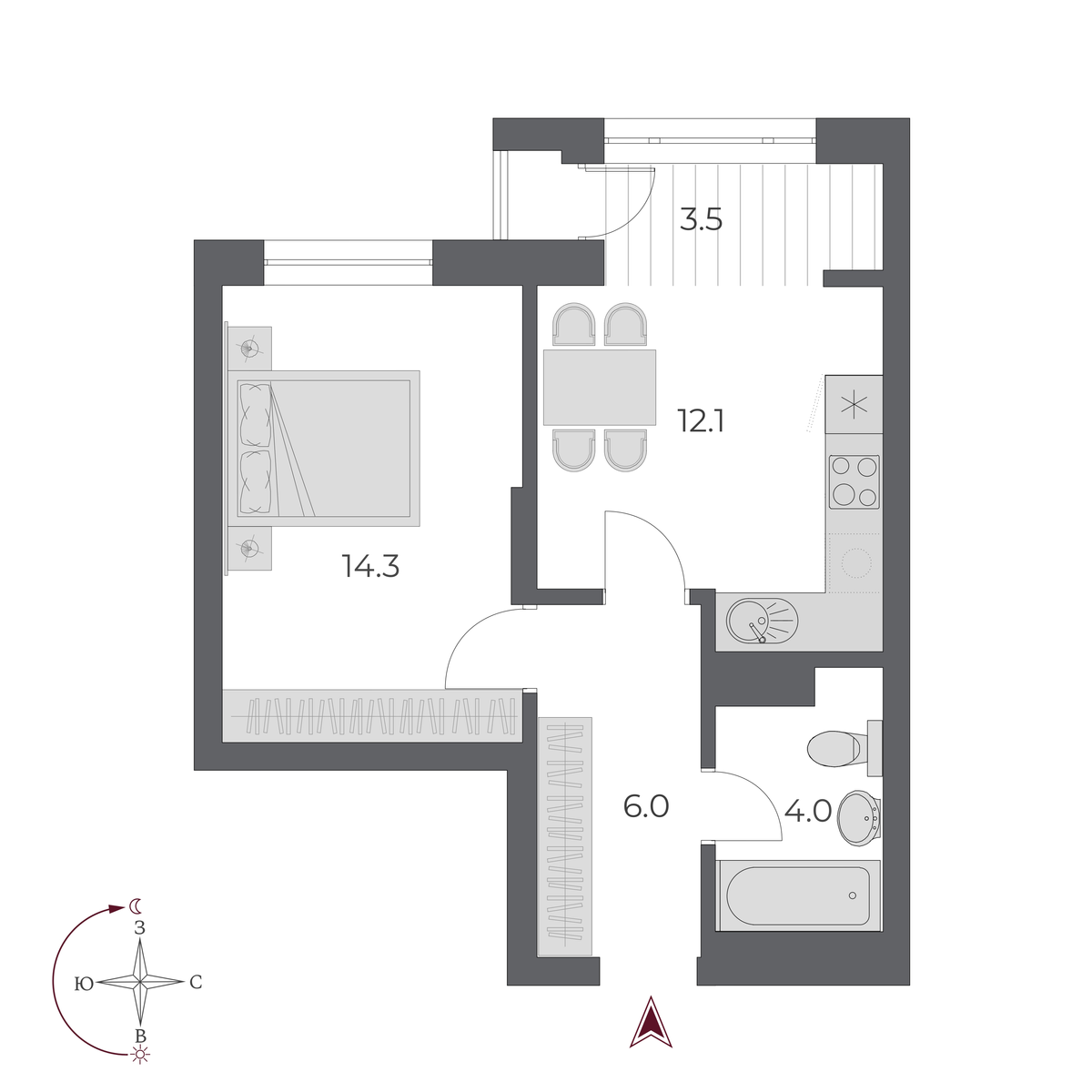 1 комната 39.9 м²