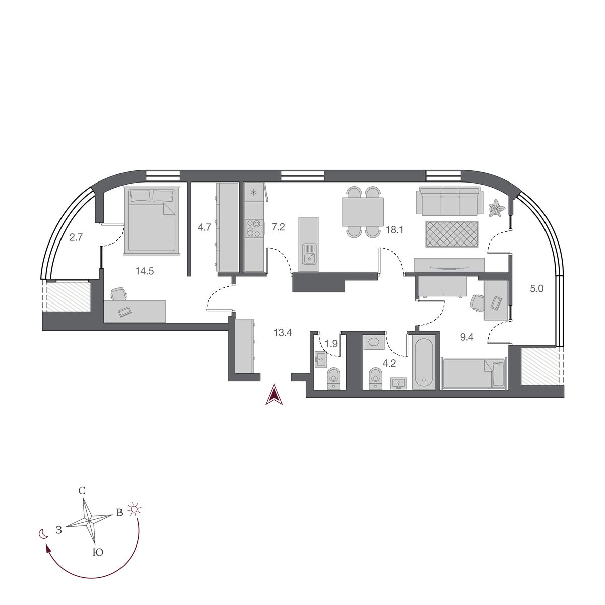 3 комнаты 73.4 м²