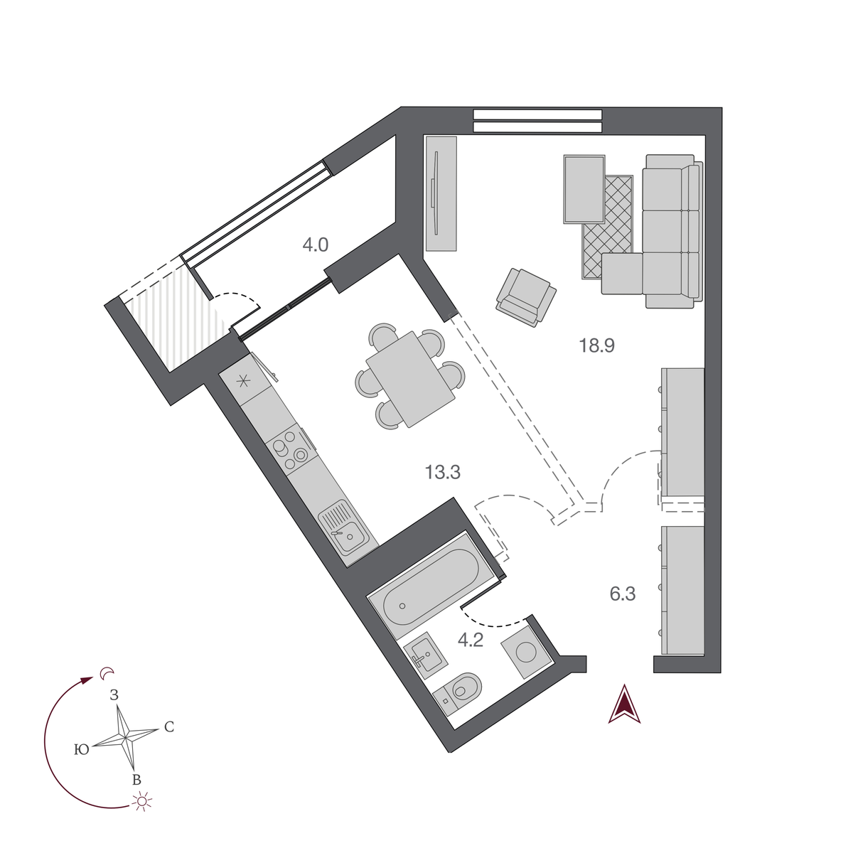 1 комната 42.7 м²