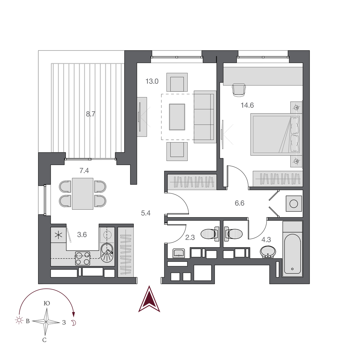 2 комнаты 57.2 м²
