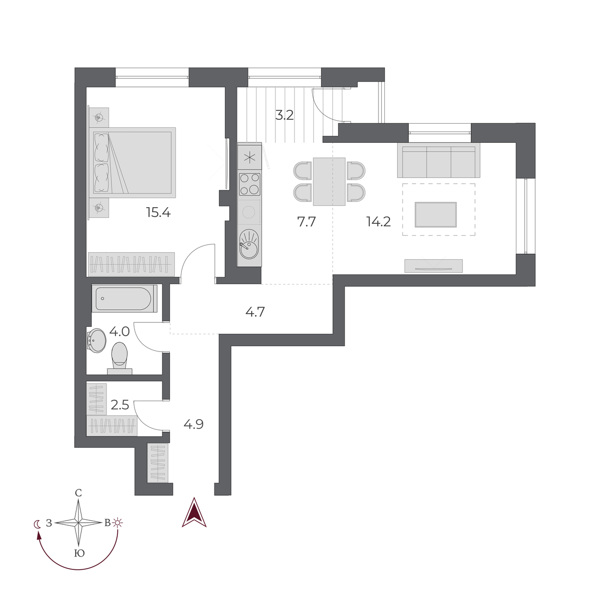 2 комнаты 56.6 м²