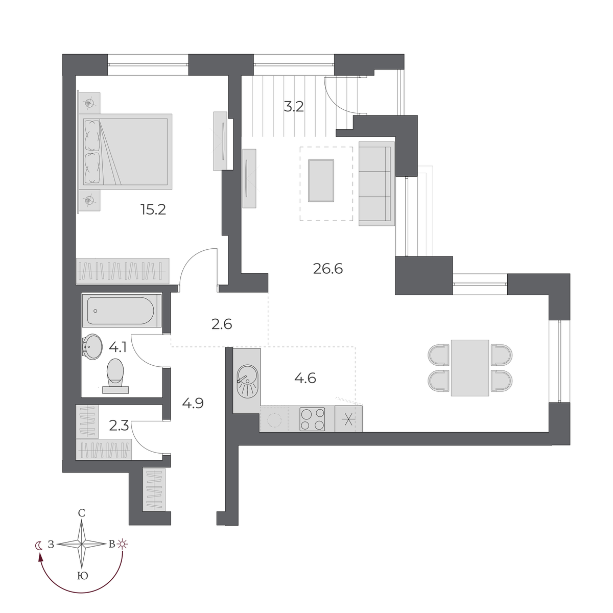 2 комнаты 63.5 м²