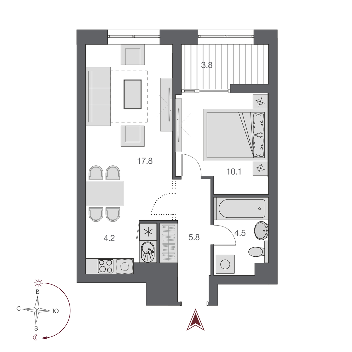 2 комнаты 42 м²