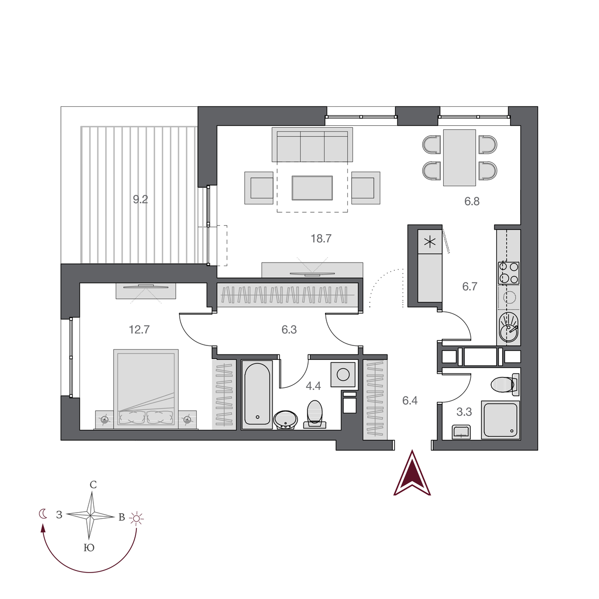2 комнаты 65.3 м²