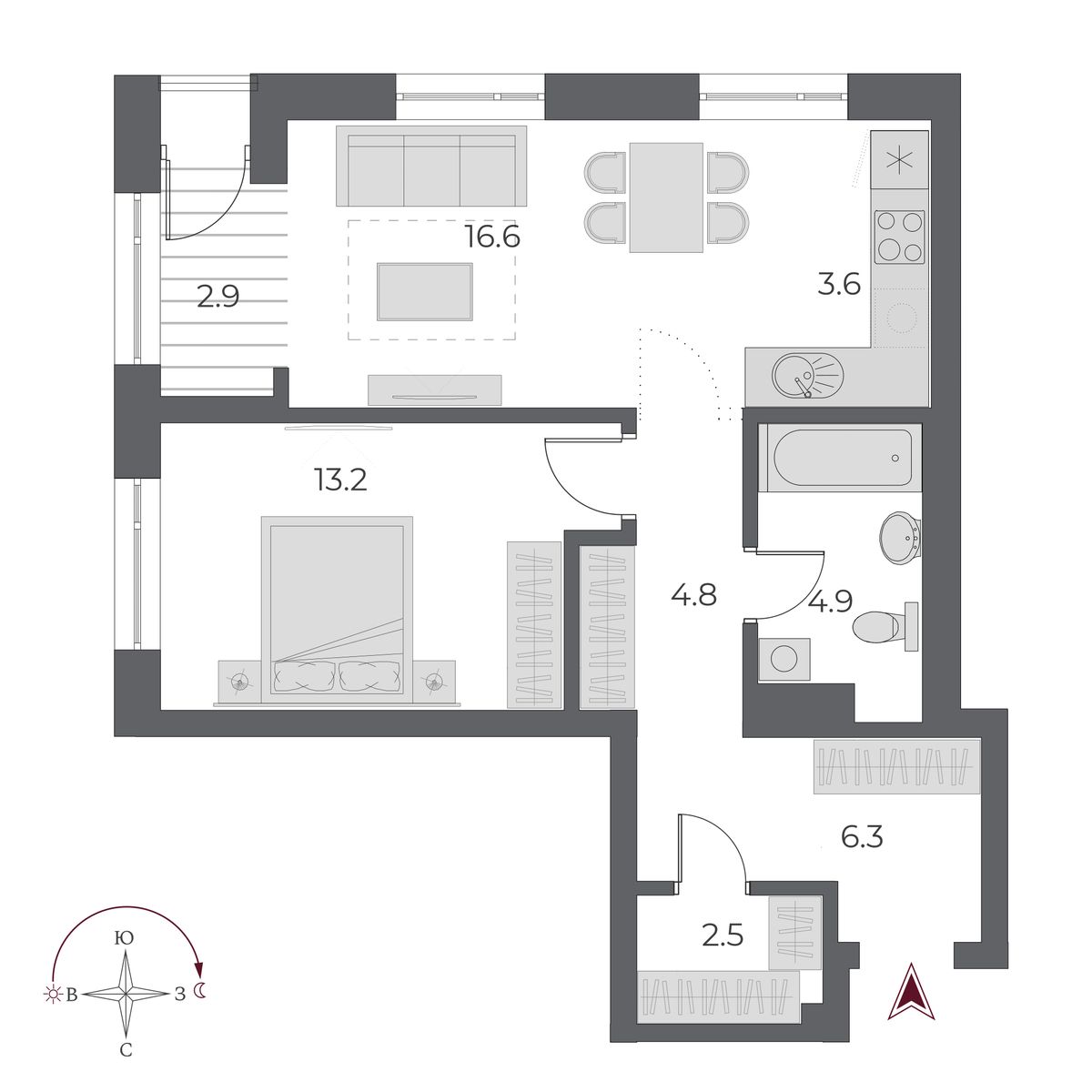 2 комнаты 54.8 м²