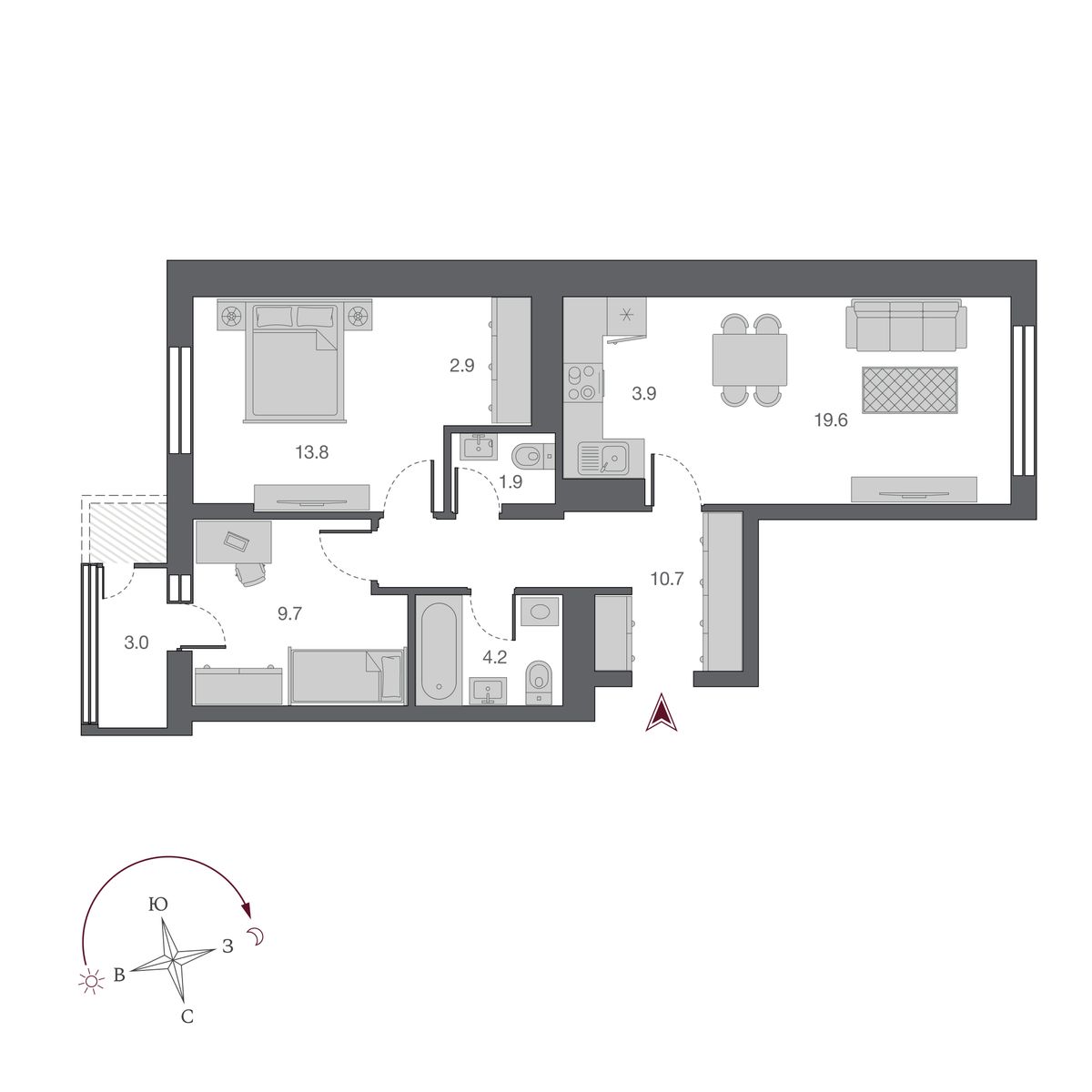 3 комнаты 66.7 м²