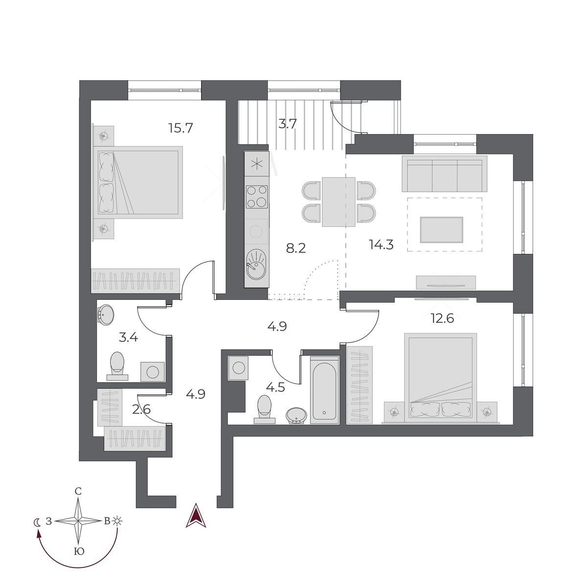 3 комнаты 74.6 м²