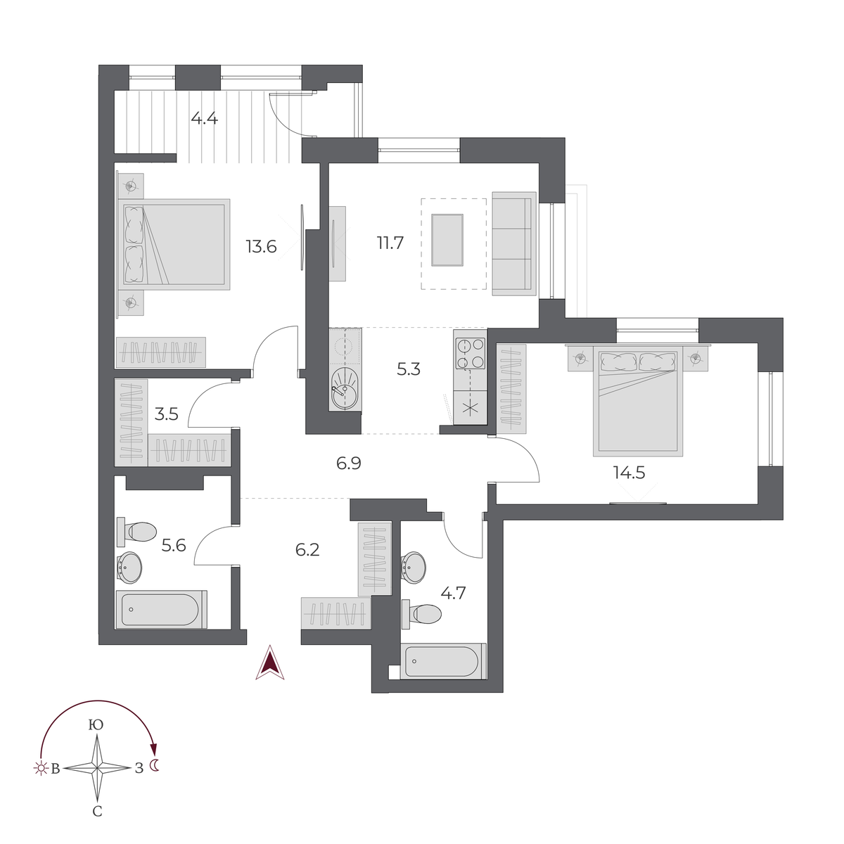3 комнаты 76.4 м²