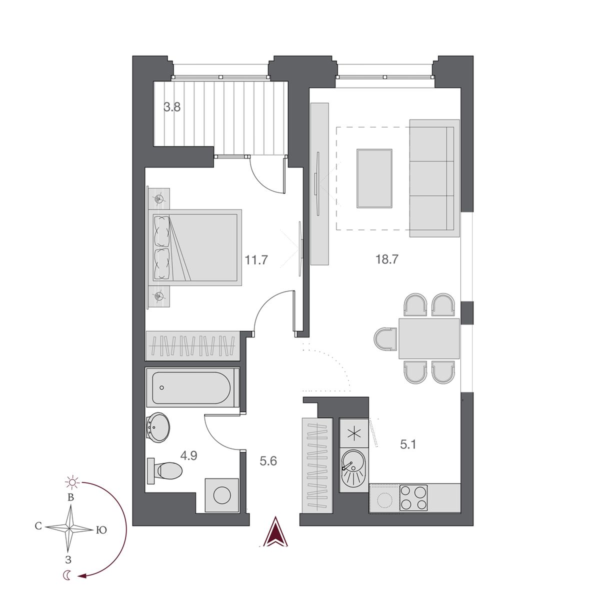 2 комнаты 46.9 м²