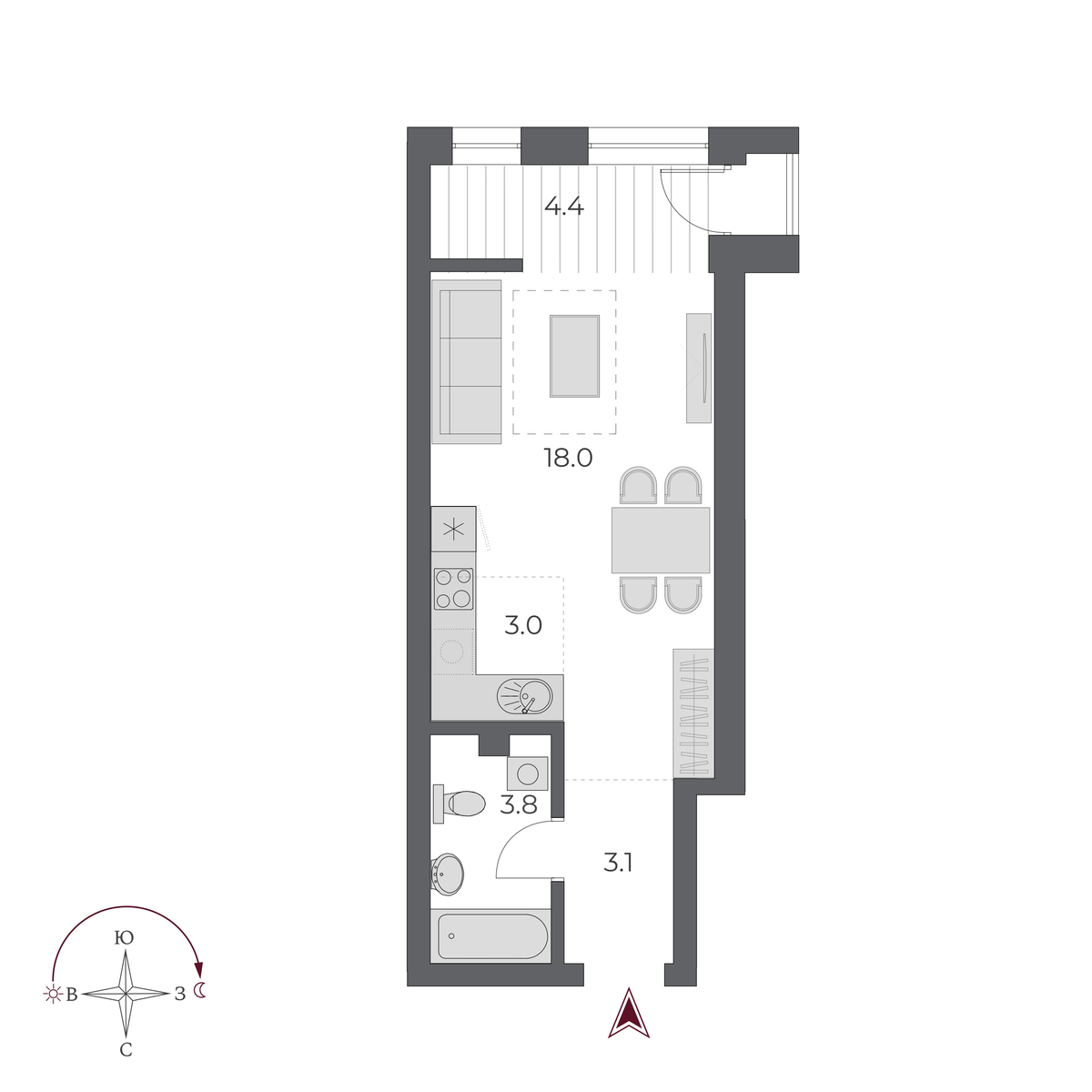 1 комната 32.3 м²
