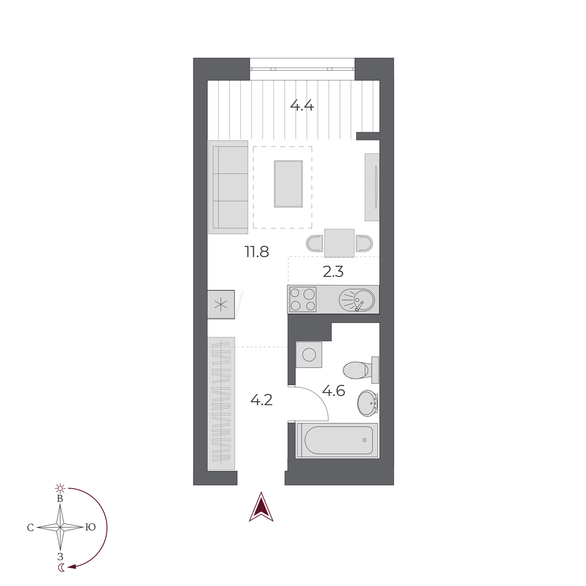 1 комната 27.3 м²