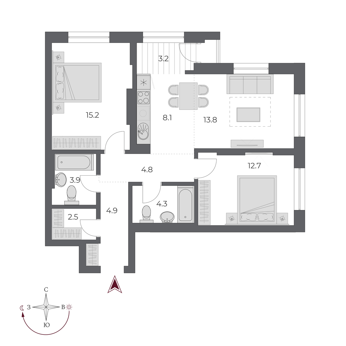 3 комнаты 73.4 м²