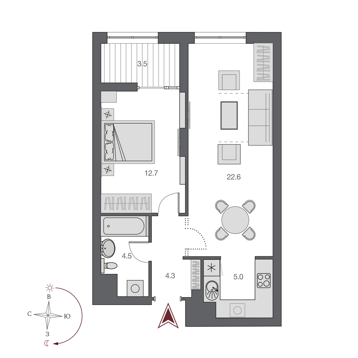 2 комнаты 48.9 м²