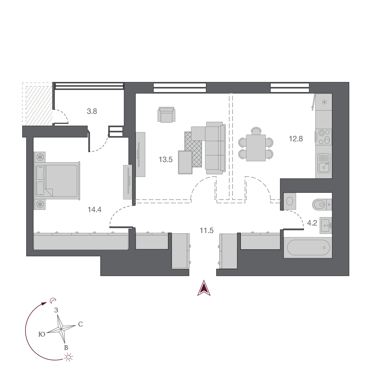 2 комнаты 56.4 м²