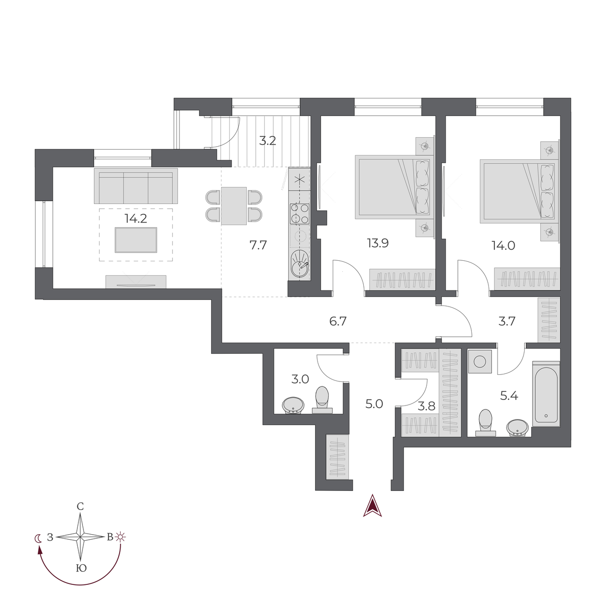 3 комнаты 80.6 м²