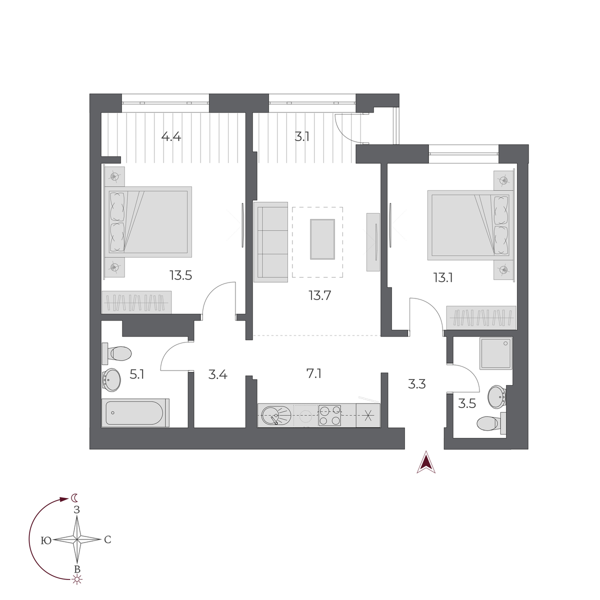 3 комнаты 70.2 м²