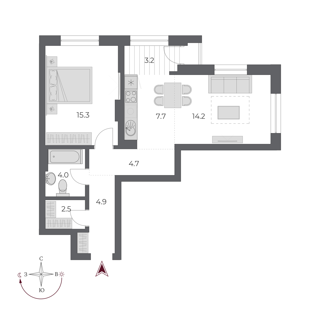 2 комнаты 56.5 м²