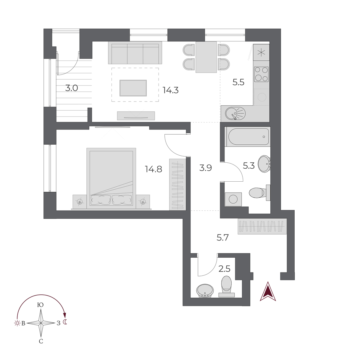 2 комнаты 55 м²