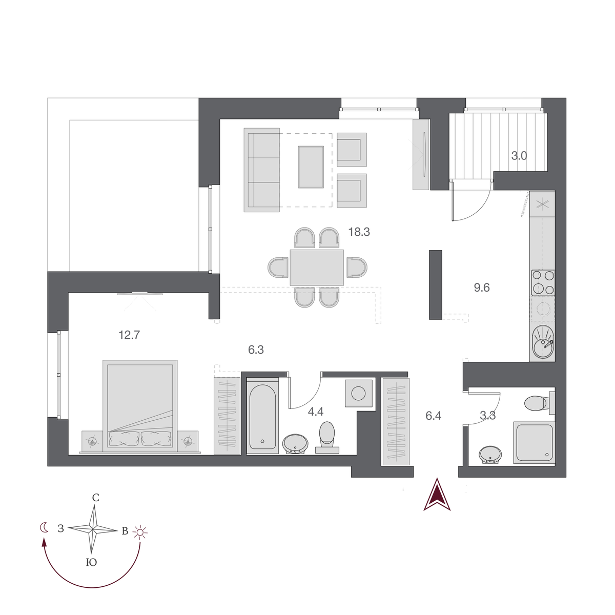 2 комнаты 61.5 м²