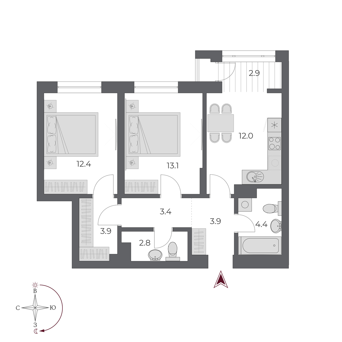 2 комнаты 58.8 м²