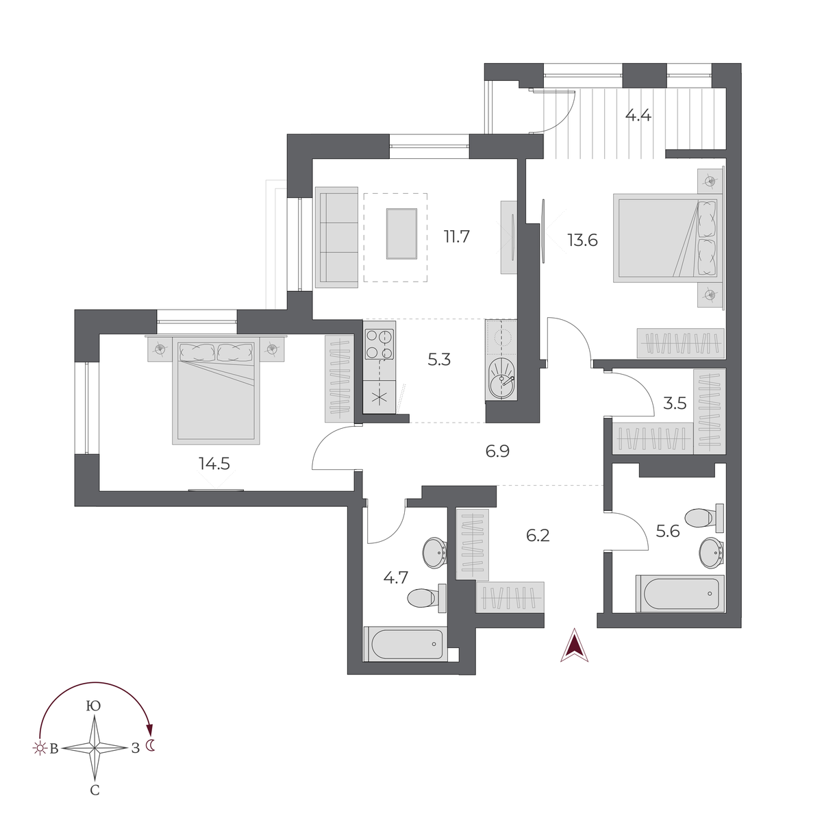 3 комнаты 76.4 м²