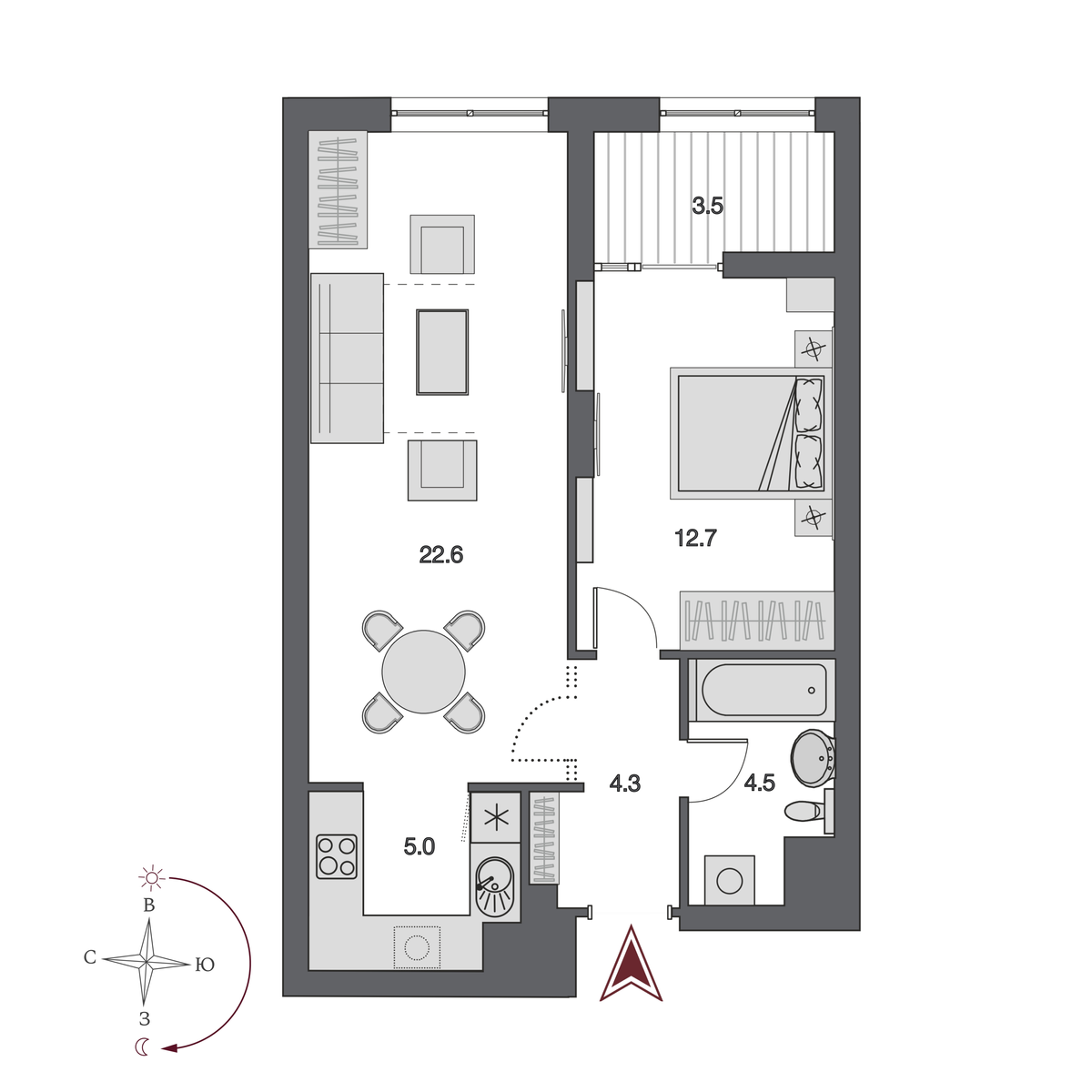 2 комнаты 48.6 м²