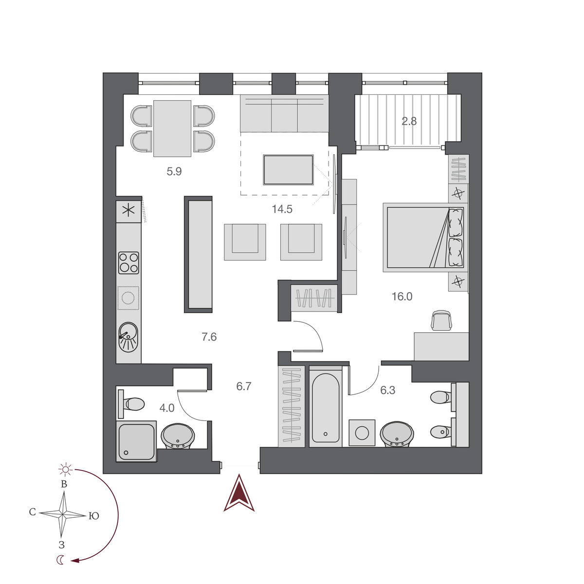 2 комнаты 61 м²