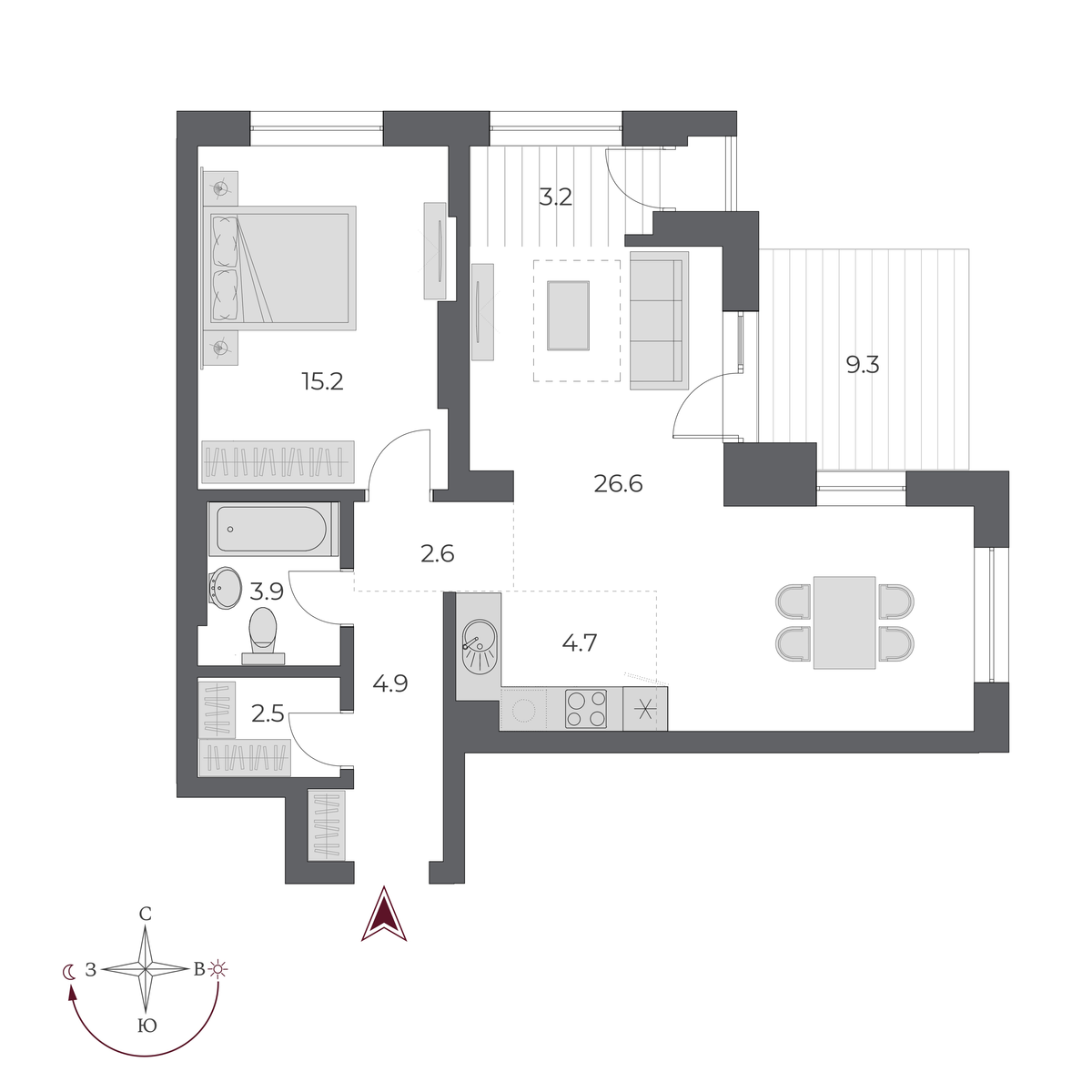 2 комнаты 72.9 м²