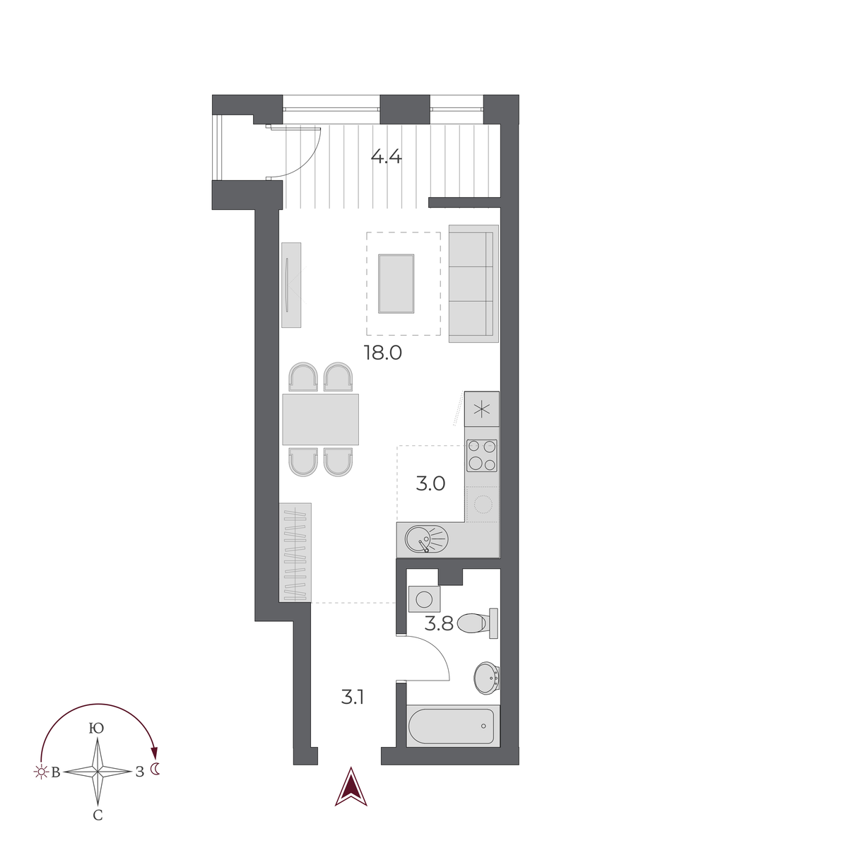 1 комната 32.3 м²