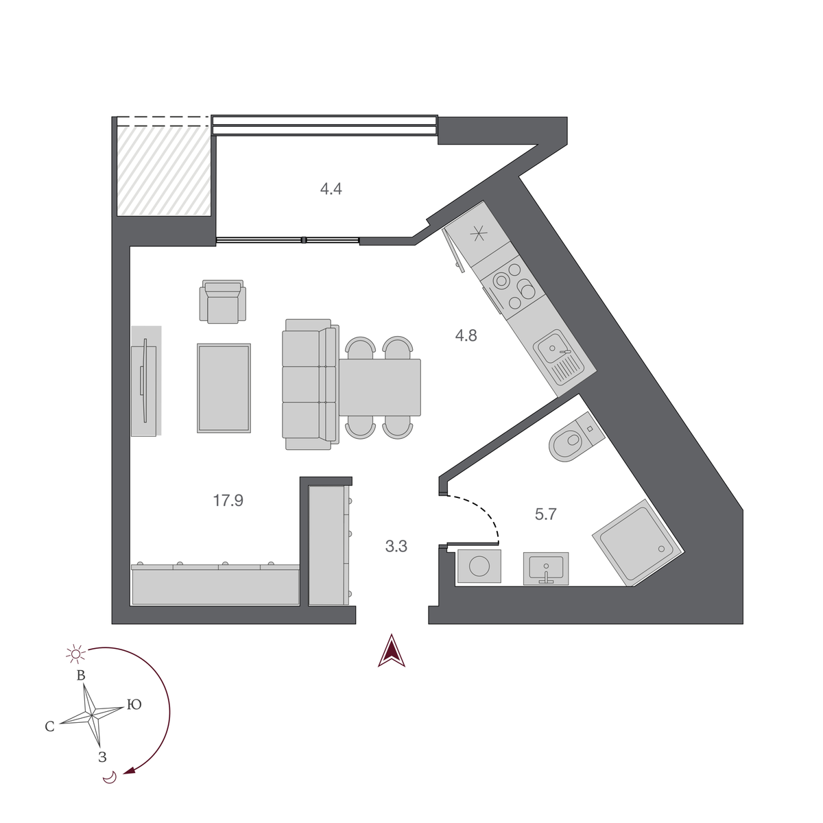 1 комната 36.1 м²