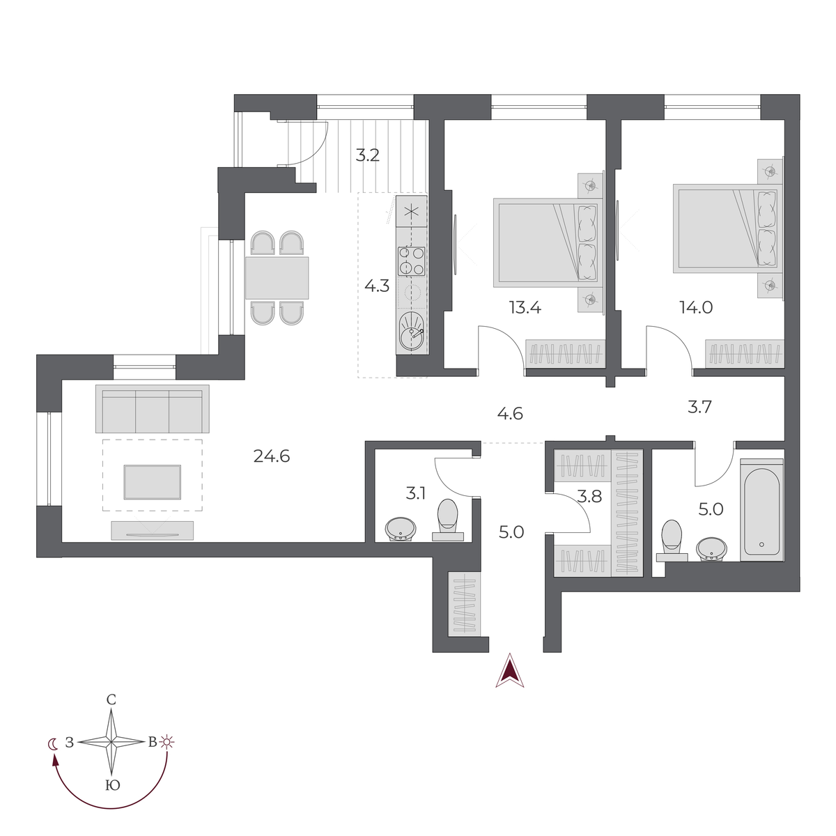 3 комнаты 84.7 м²