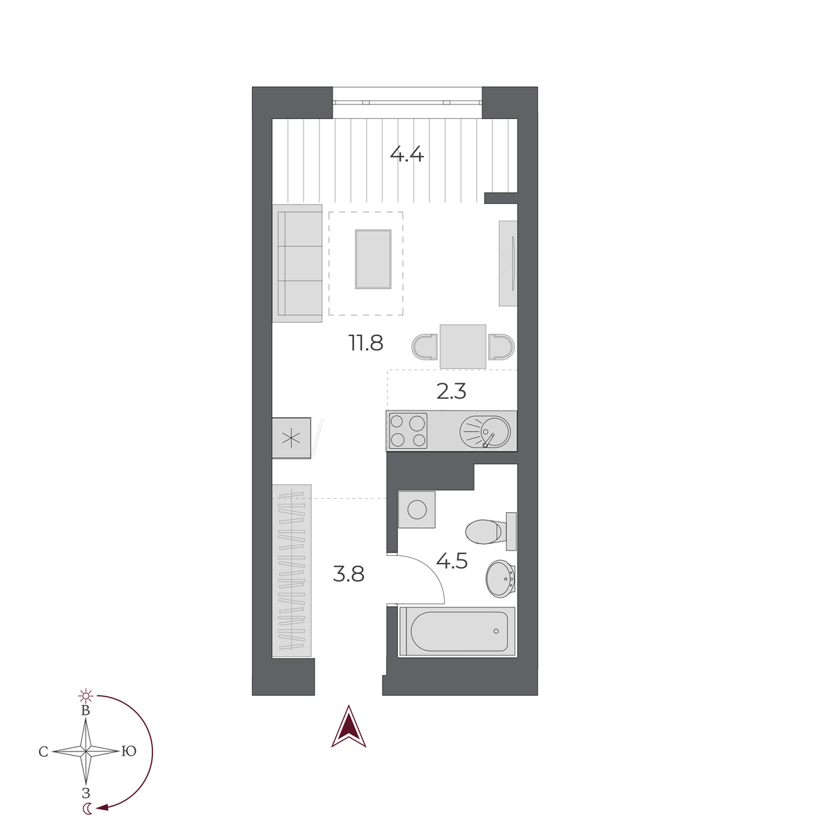 1 комната 26.8 м²