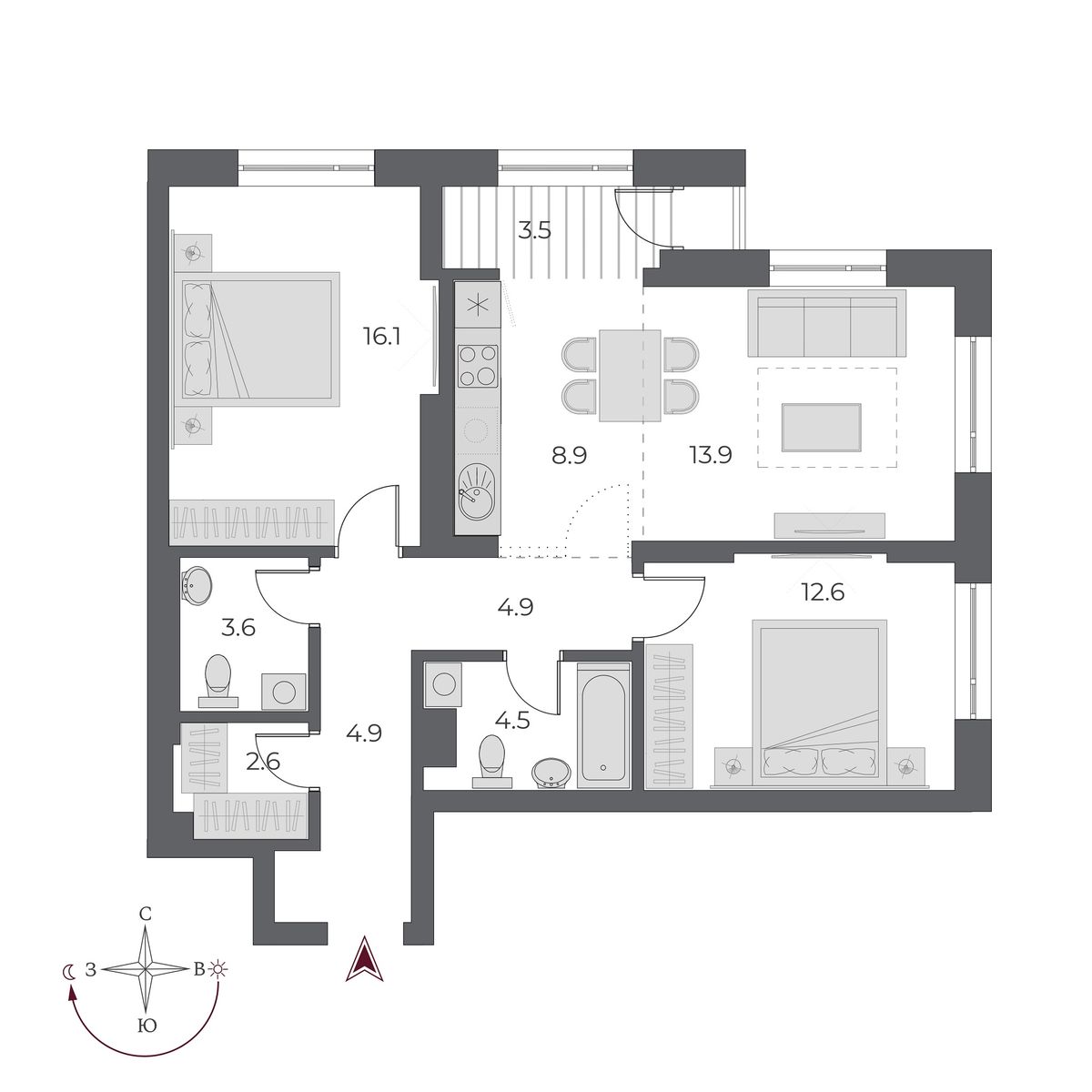 3 комнаты 75.5 м²