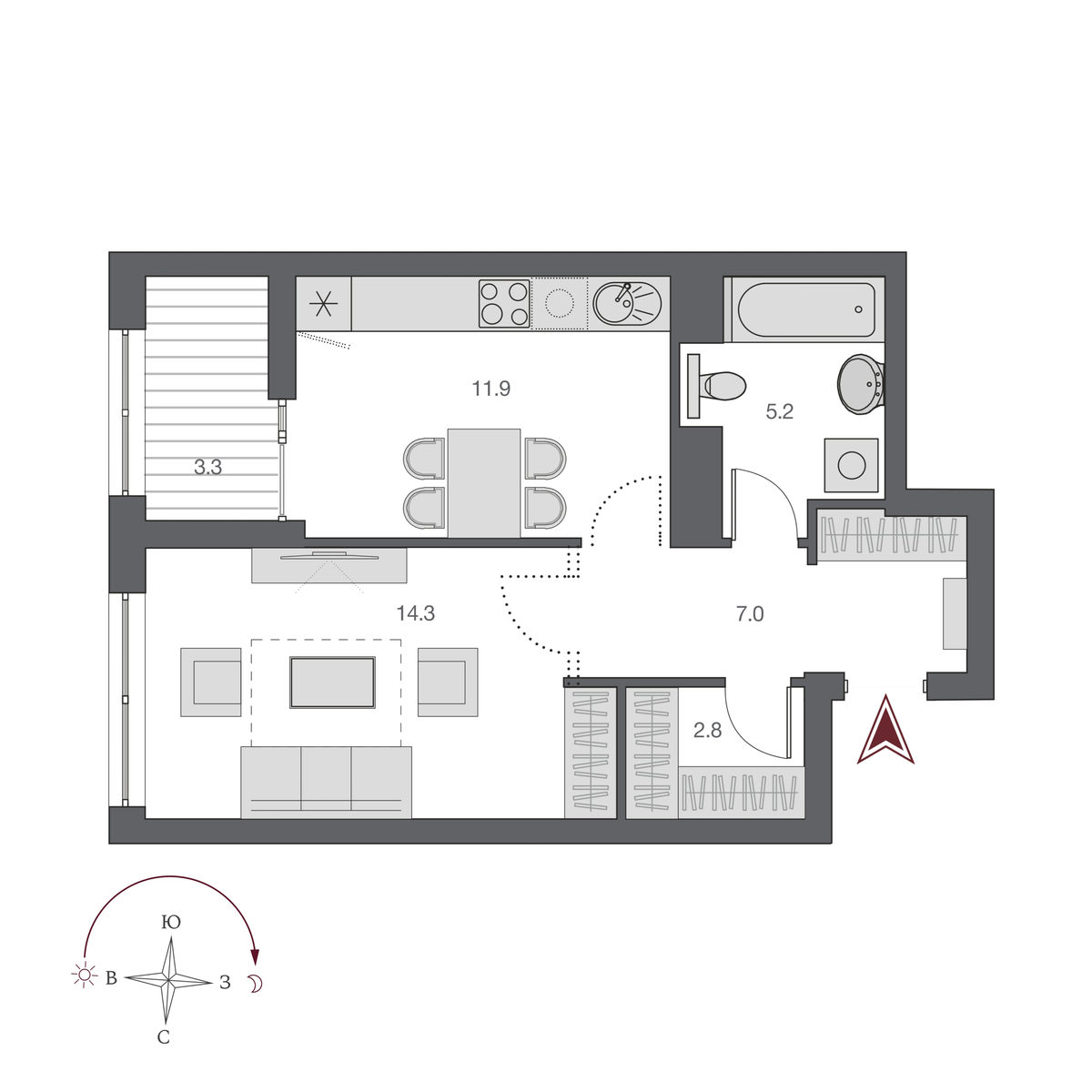 1 комната 41.1 м²