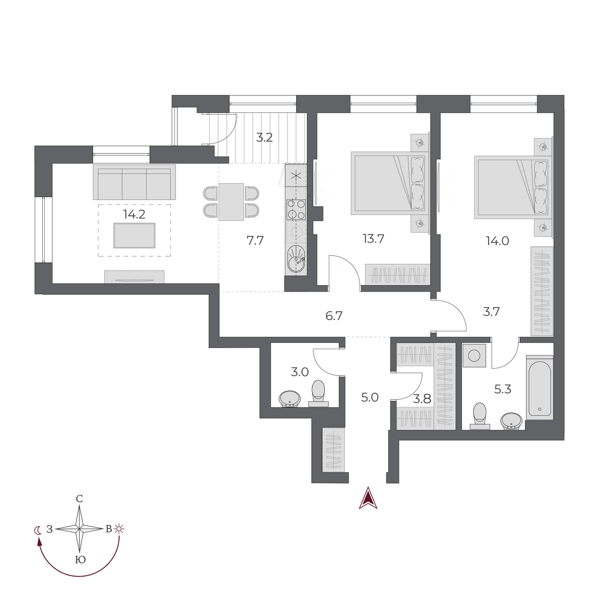 3 комнаты 80.3 м²